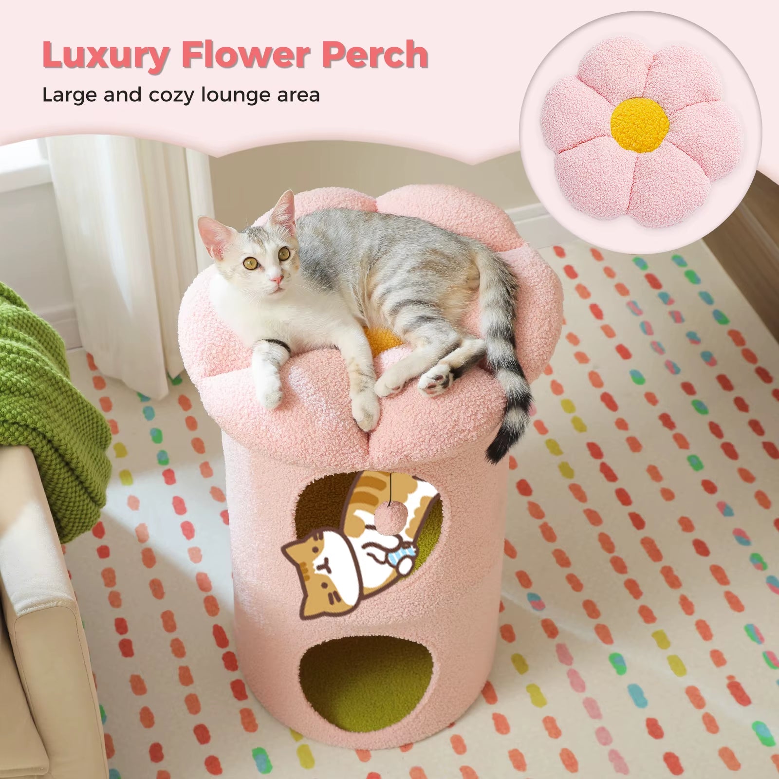 2-Storey Cat Bed for Indoor Cats with Removable Flower Perch & Hanging Toy – Comfortable Cat Condo