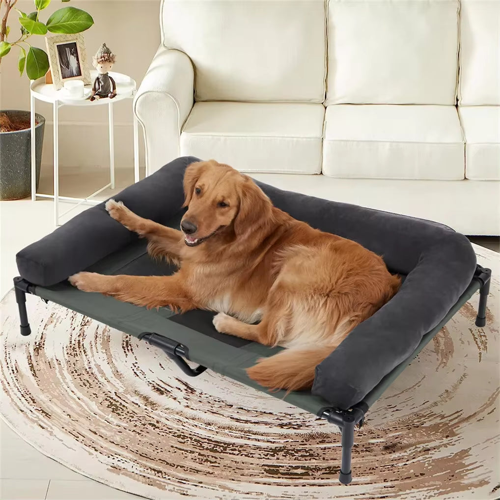 Elevated Outdoor Dog Bed – Cooling Raised Pet Lounger with Detachable Plush Bolster for Summer & Winter