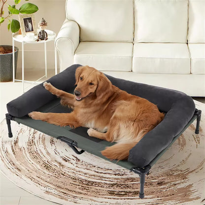 Elevated Outdoor Dog Bed – Cooling Raised Pet Lounger with Detachable Plush Bolster for Summer & Winter