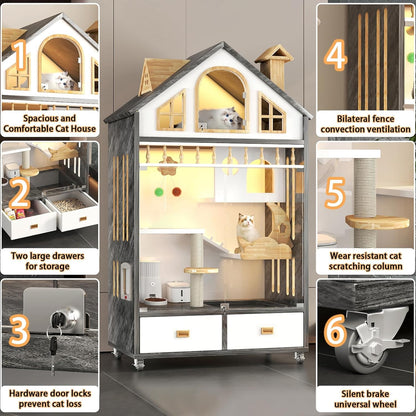 Mobile Cat House with LED Lighting & Drawers – Spacious 63" Wooden Cat Condo | Includes Wheels & Glass Door for Easy Access