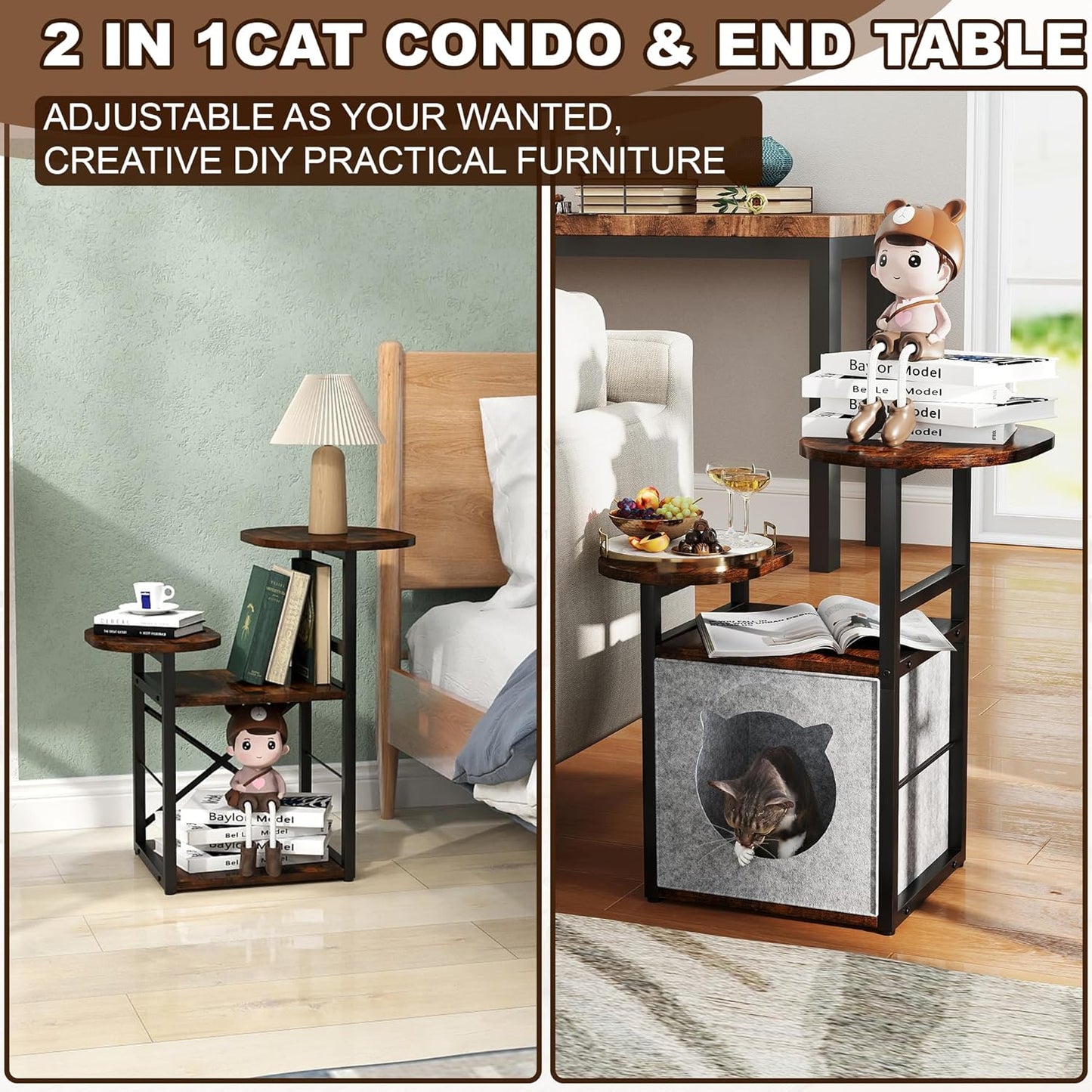 2-in-1 Cat Condo & End Table with Storage | Multifunctional Pet Furniture for Living Room & Bedroom