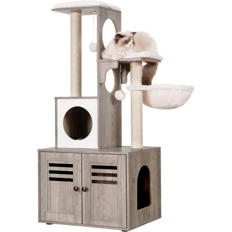 All-in-One Cat Tree Furniture with Litter Box Storage & Feeding Station | Modern Cat Condo for Kittens & Cats