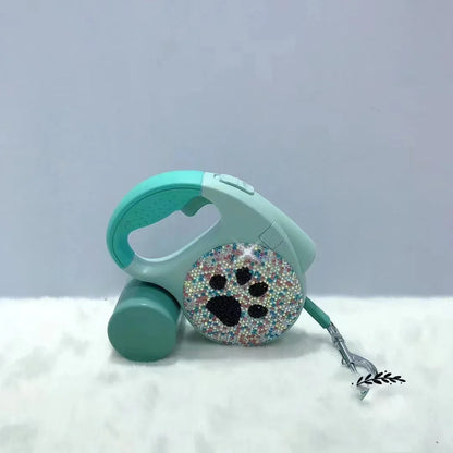 Sparkling Rhinestone Automatic Retractable Pet Leash with LED Light and Garbage Bag Dispenser – 5M Leash for Dogs & Cats