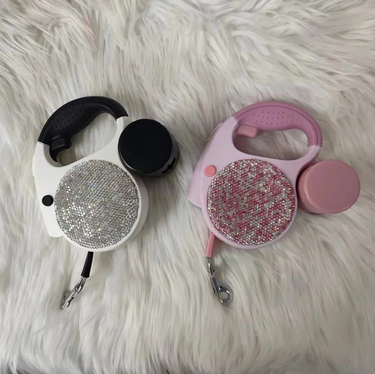 Sparkling Rhinestone Automatic Retractable Pet Leash with LED Light and Garbage Bag Dispenser – 5M Leash for Dogs & Cats