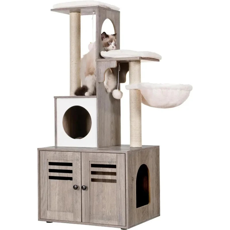 All-in-One Cat Tree Furniture with Litter Box Storage & Feeding Station | Modern Cat Condo for Kittens & Cats
