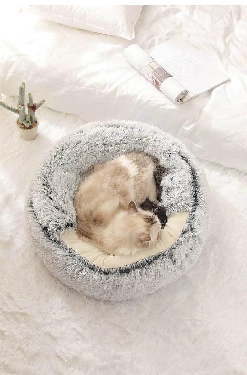 Autumn & Winter Plush Pet Bed – Warm, Semi-Enclosed Cat Nest