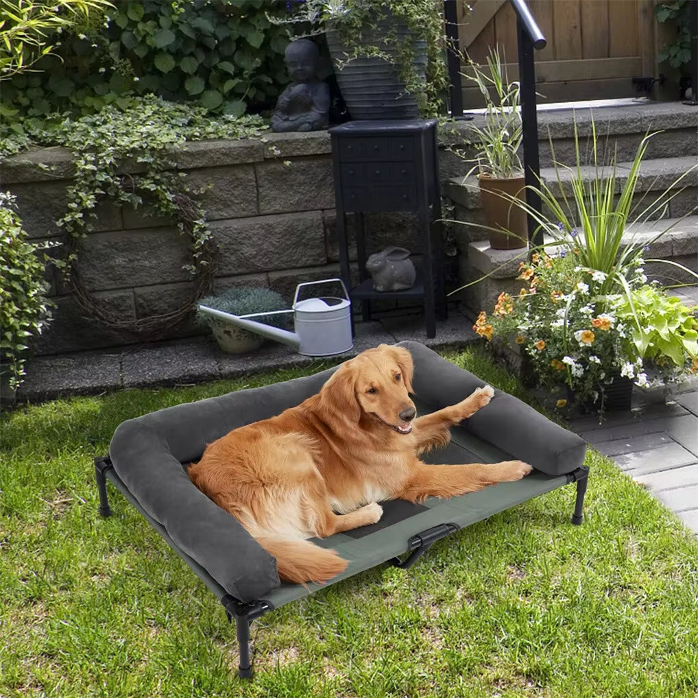 Elevated Outdoor Dog Bed – Cooling Raised Pet Lounger with Detachable Plush Bolster for Summer & Winter