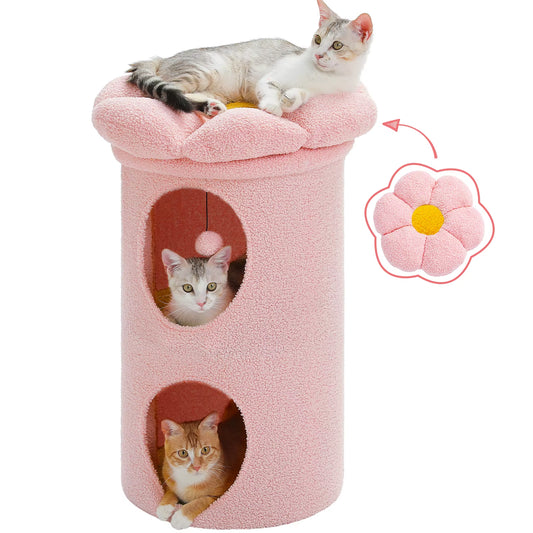 2-Storey Cat Bed for Indoor Cats with Removable Flower Perch & Hanging Toy – Comfortable Cat Condo