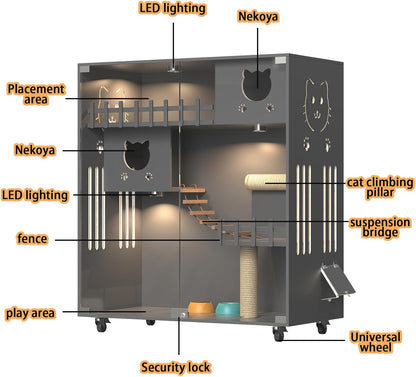 Luxury Wooden Cat House with Glass Doors & LED Lighting | Spacious, Mobile Cat Condo for Comfortable Living