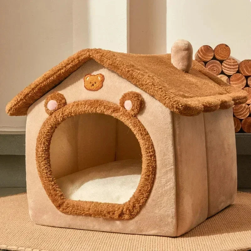 Cartoon Folding House for Dogs & Cats – Cozy Winter Kennels, Mattresses, and Pet Baskets