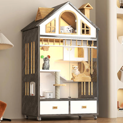 Mobile Cat House with LED Lighting & Drawers – Spacious 63" Wooden Cat Condo | Includes Wheels & Glass Door for Easy Access