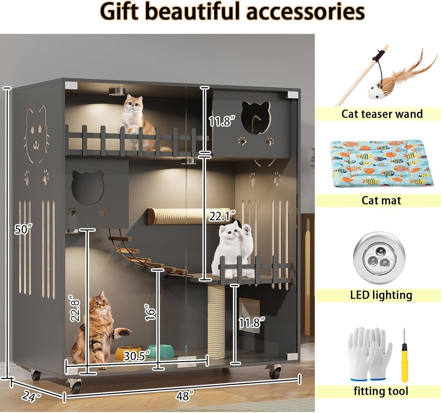 Luxury Wooden Cat House with Glass Doors & LED Lighting | Spacious, Mobile Cat Condo for Comfortable Living