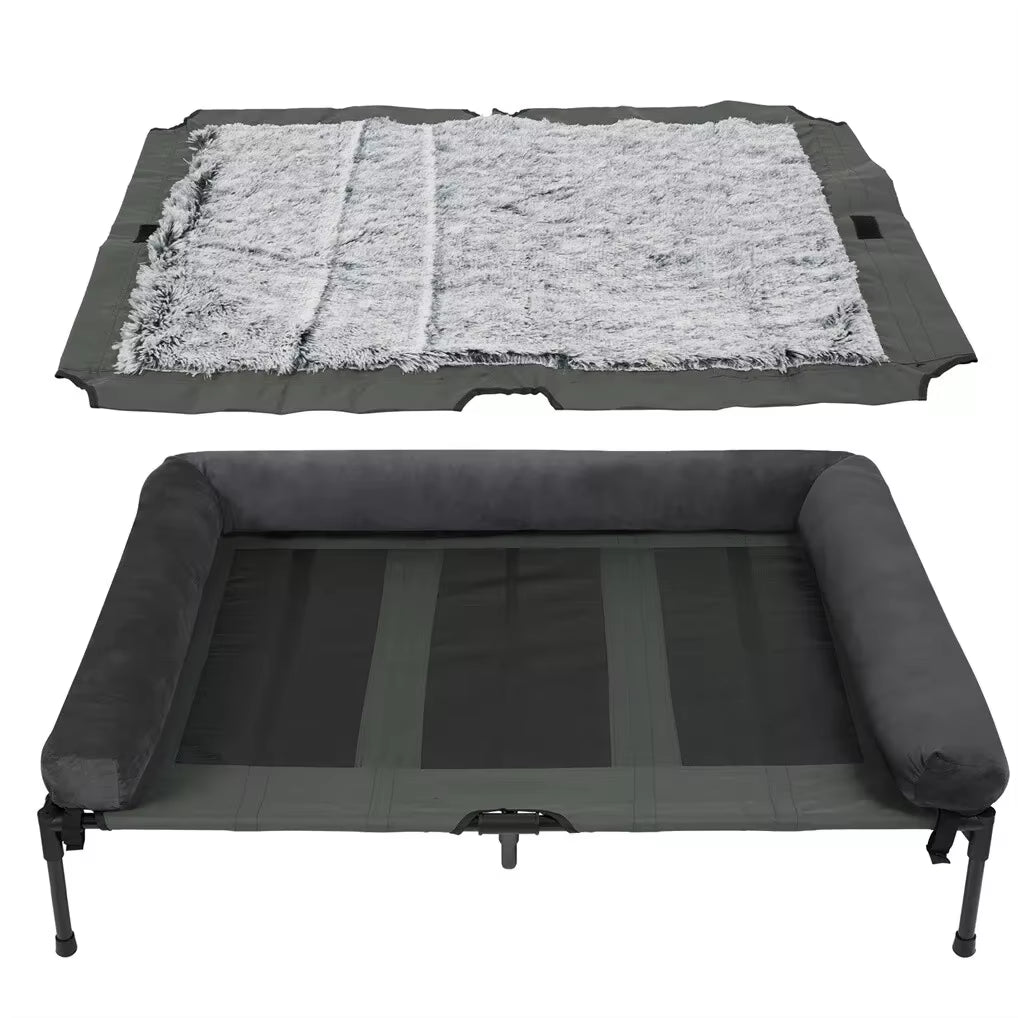 Elevated Outdoor Dog Bed – Cooling Raised Pet Lounger with Detachable Plush Bolster for Summer & Winter
