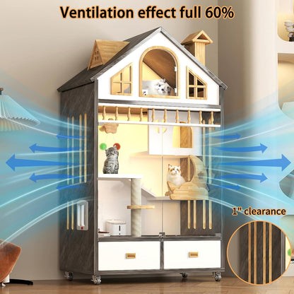 Mobile Cat House with LED Lighting & Drawers – Spacious 63" Wooden Cat Condo | Includes Wheels & Glass Door for Easy Access