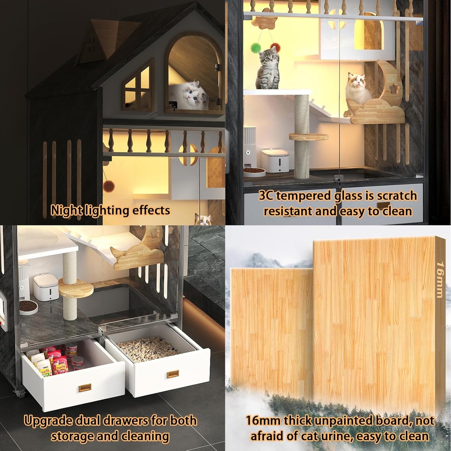 Mobile Cat House with LED Lighting & Drawers – Spacious 63" Wooden Cat Condo | Includes Wheels & Glass Door for Easy Access