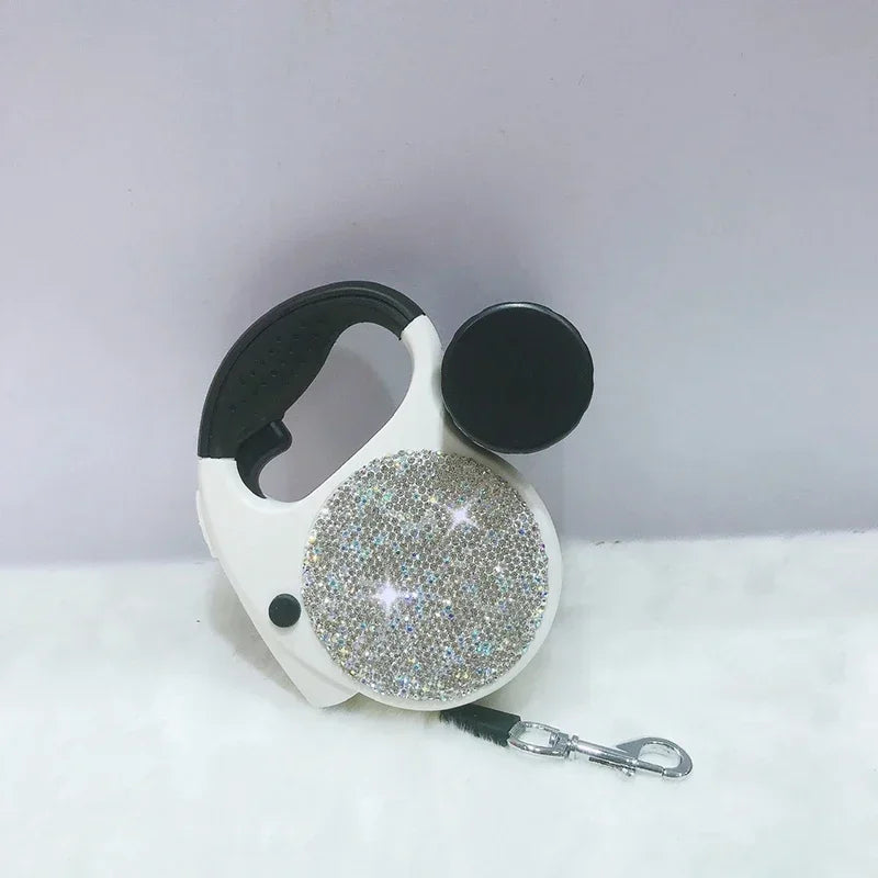 Sparkling Rhinestone Automatic Retractable Pet Leash with LED Light and Garbage Bag Dispenser – 5M Leash for Dogs & Cats