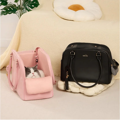 Luxury Leather Cat Bag Carrier – Airline Approved Crossbody Pet Carrier for Puppies, Cats & Rabbits | Portable Travel Handbag – Black