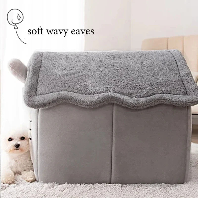 Cartoon Folding House for Dogs & Cats – Cozy Winter Kennels, Mattresses, and Pet Baskets
