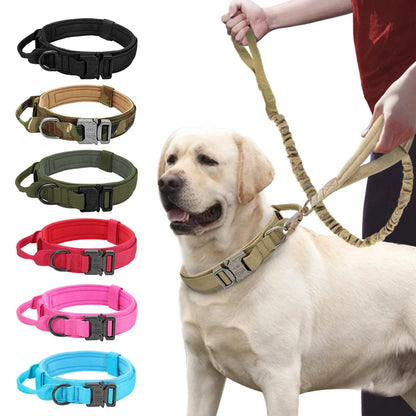 Military Tactical Dog Collar & Bungee Leash Set – Nylon Training Collar for Medium to Large Dogs