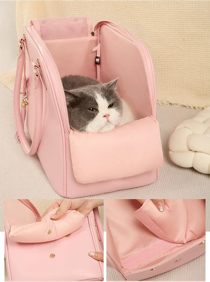 Luxury Leather Cat Bag Carrier – Airline Approved Crossbody Pet Carrier for Puppies, Cats & Rabbits | Portable Travel Handbag – Black