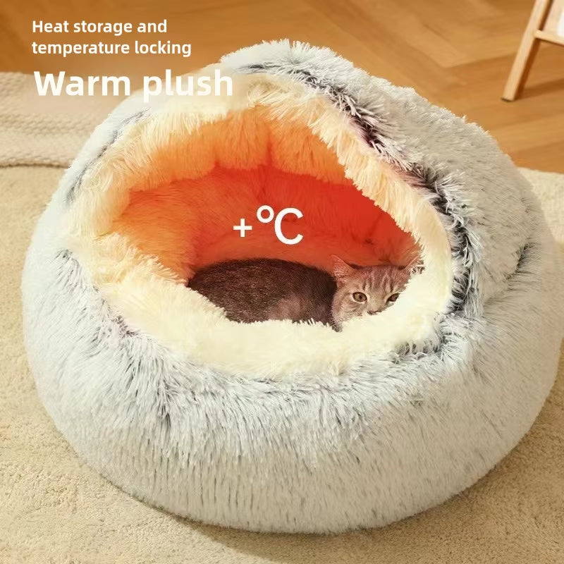 Autumn & Winter Plush Pet Bed – Warm, Semi-Enclosed Cat Nest