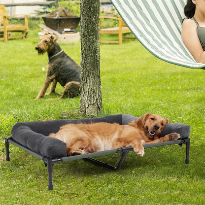 Elevated Outdoor Dog Bed – Cooling Raised Pet Lounger with Detachable Plush Bolster for Summer & Winter