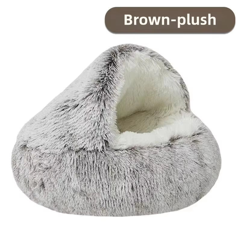 Autumn & Winter Plush Pet Bed – Warm, Semi-Enclosed Cat Nest