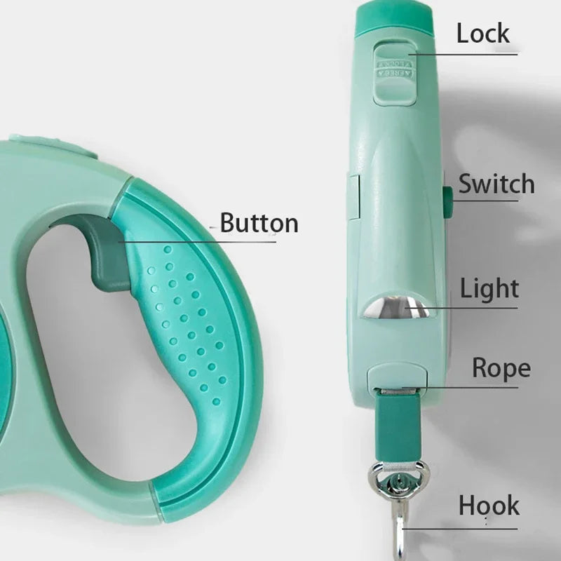 Sparkling Rhinestone Automatic Retractable Pet Leash with LED Light and Garbage Bag Dispenser – 5M Leash for Dogs & Cats