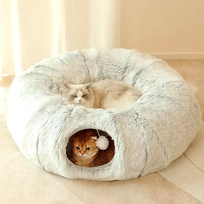 Plush Cat Bed with Tunnel – Cozy & Removable Washable Cushion for Cats, Dogs, and Small Pets