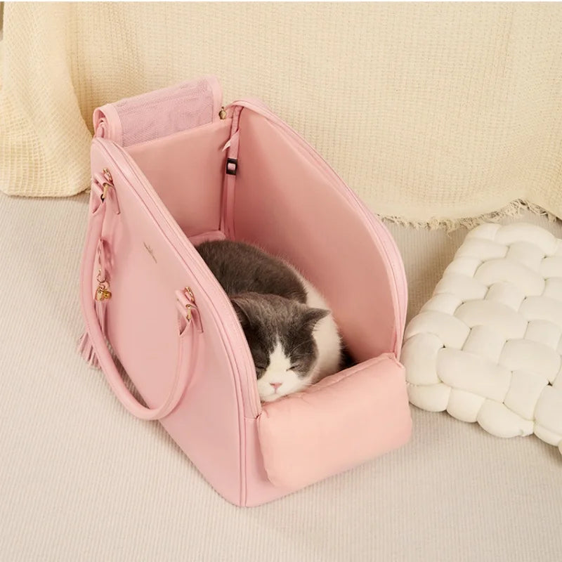 Luxury Leather Cat Bag Carrier – Airline Approved Crossbody Pet Carrier for Puppies, Cats & Rabbits | Portable Travel Handbag – Black