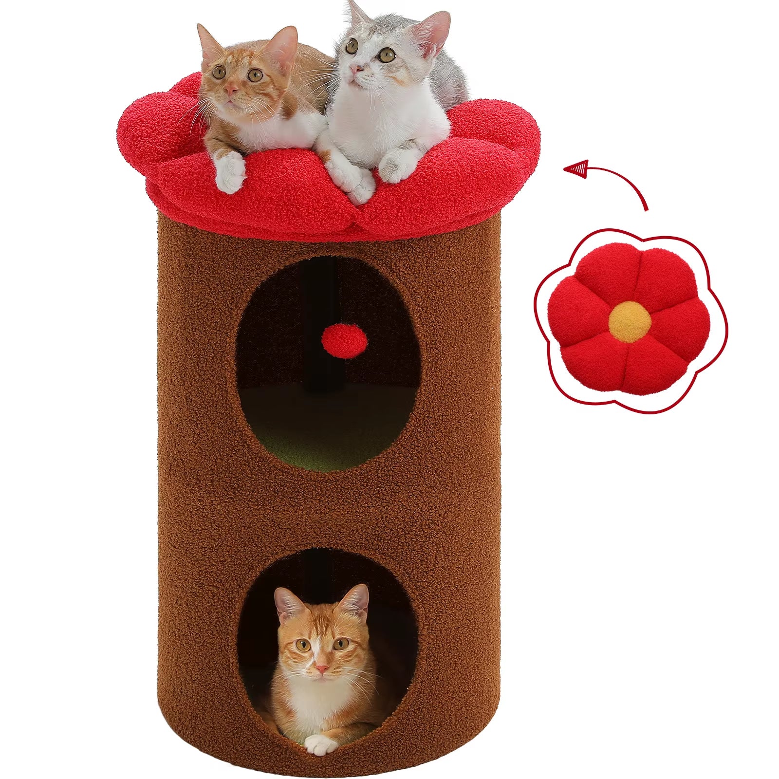 2-Storey Cat Bed for Indoor Cats with Removable Flower Perch & Hanging Toy – Comfortable Cat Condo