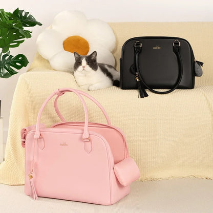 Luxury Leather Cat Bag Carrier – Airline Approved Crossbody Pet Carrier for Puppies, Cats & Rabbits | Portable Travel Handbag – Black