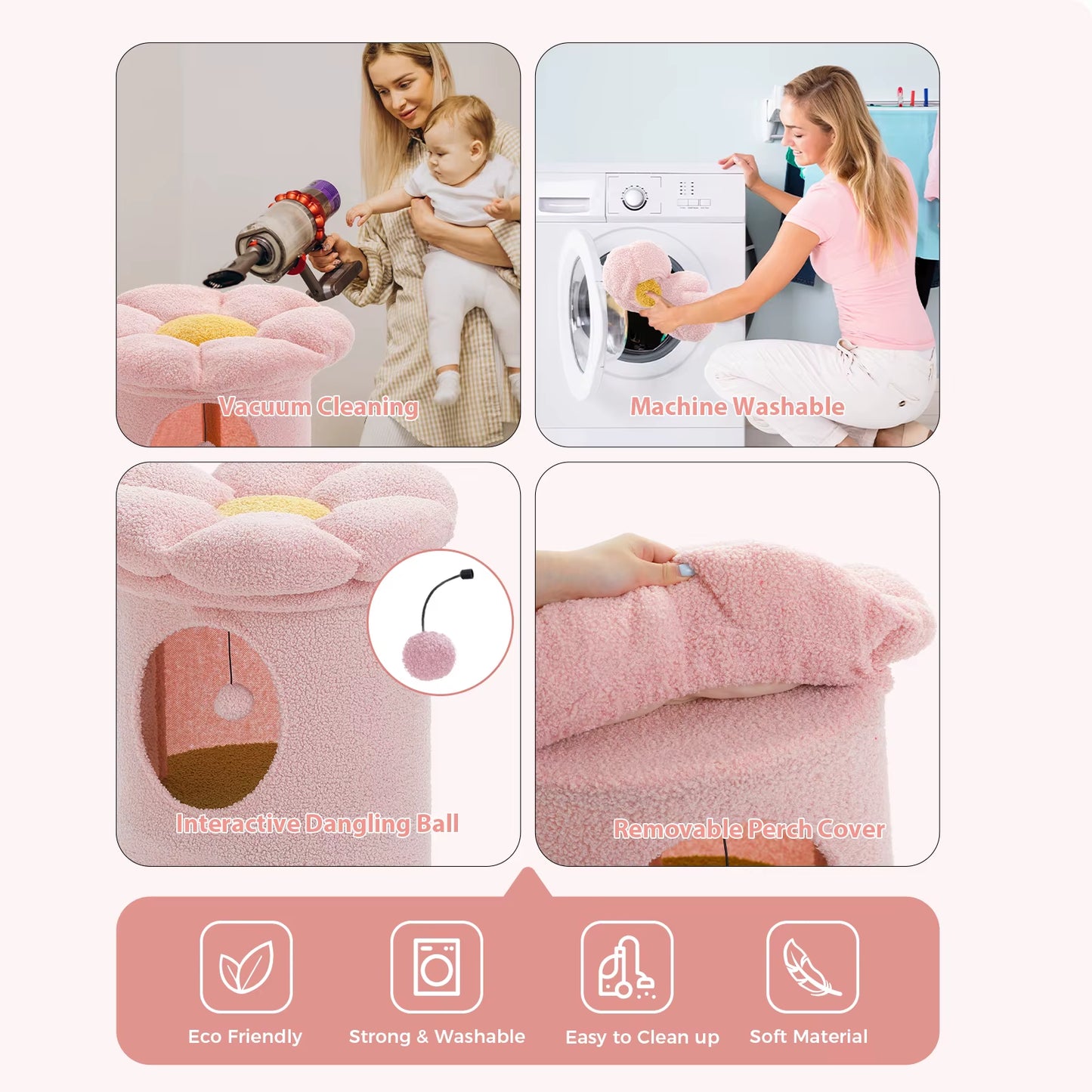 2-Storey Cat Bed for Indoor Cats with Removable Flower Perch & Hanging Toy – Comfortable Cat Condo