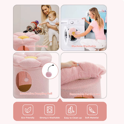 2-Storey Cat Bed for Indoor Cats with Removable Flower Perch & Hanging Toy – Comfortable Cat Condo