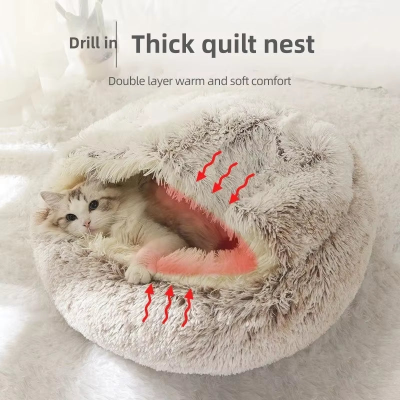 Autumn & Winter Plush Pet Bed – Warm, Semi-Enclosed Cat Nest