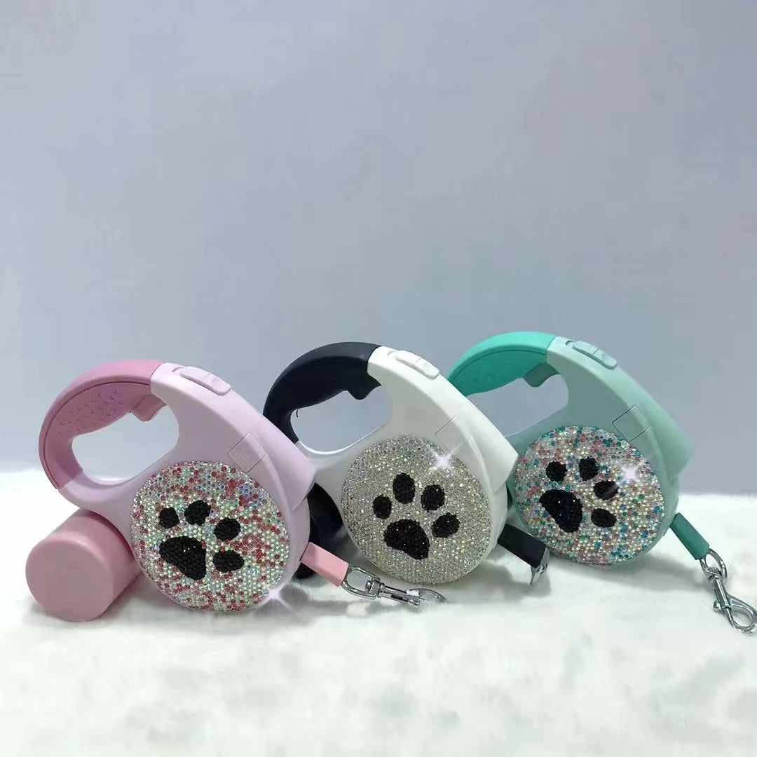 Sparkling Rhinestone Automatic Retractable Pet Leash with LED Light and Garbage Bag Dispenser – 5M Leash for Dogs & Cats