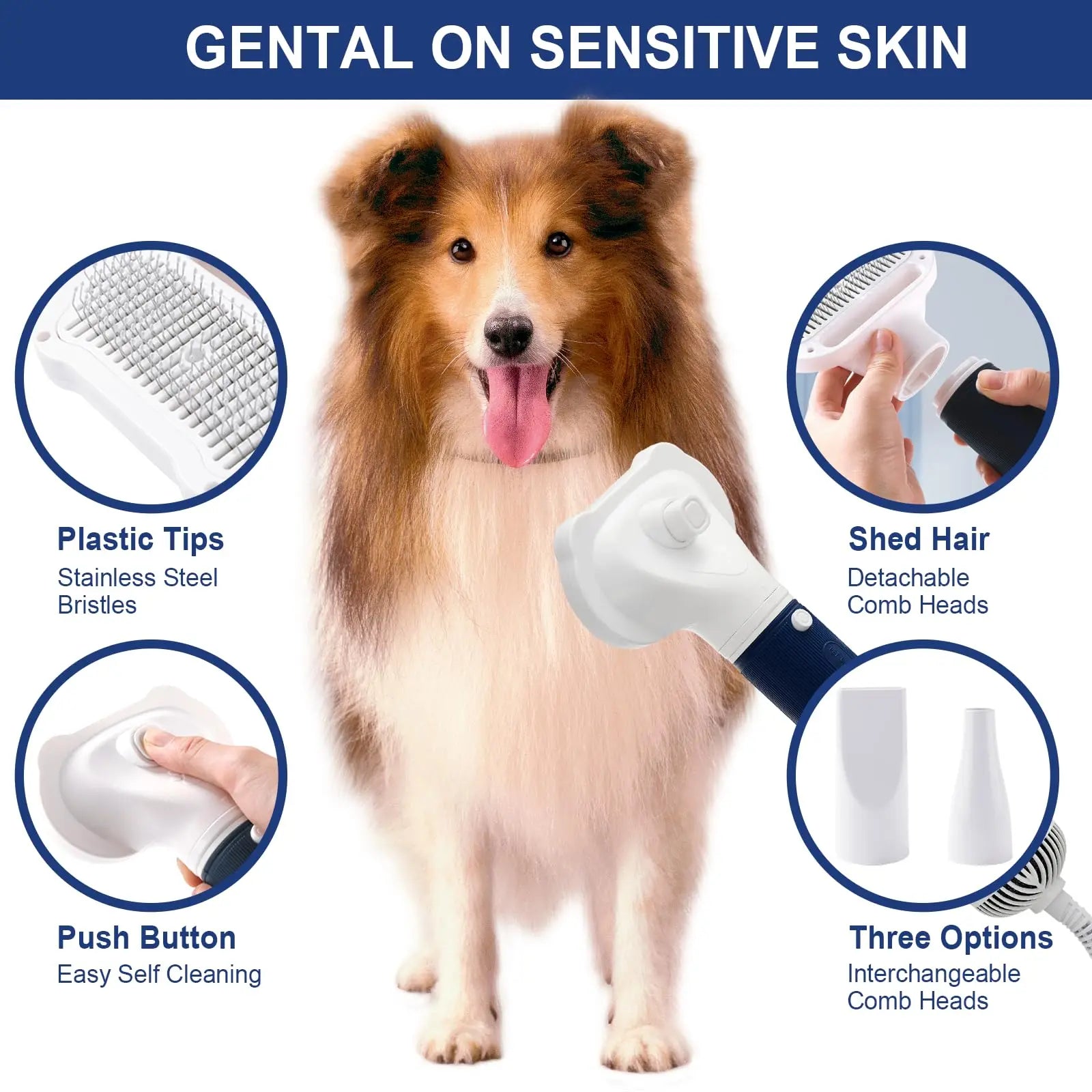 3-in-1 Pet Hair Dryer Slicker Brush for Dogs & Cats – Quiet, Portable, Adjustable Temperature with Overheat Protection