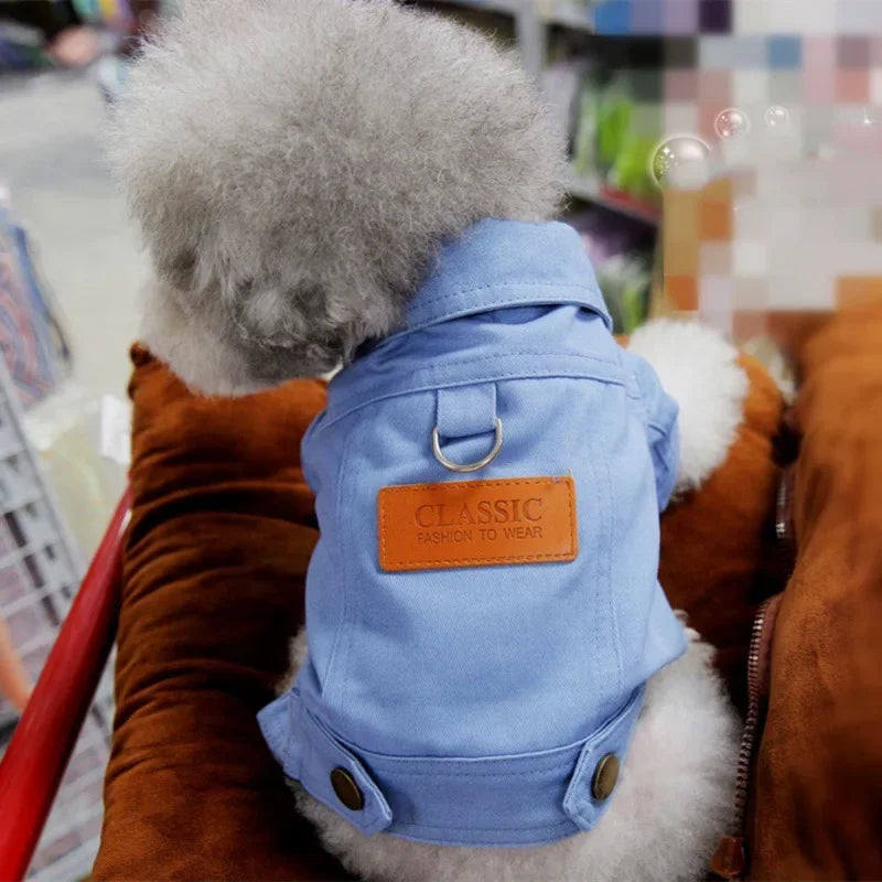 Dog Clothes Denim Coat for Spring & Summer – Comfortable Pet Outfits with Leash Ring for Small & Medium Dogs