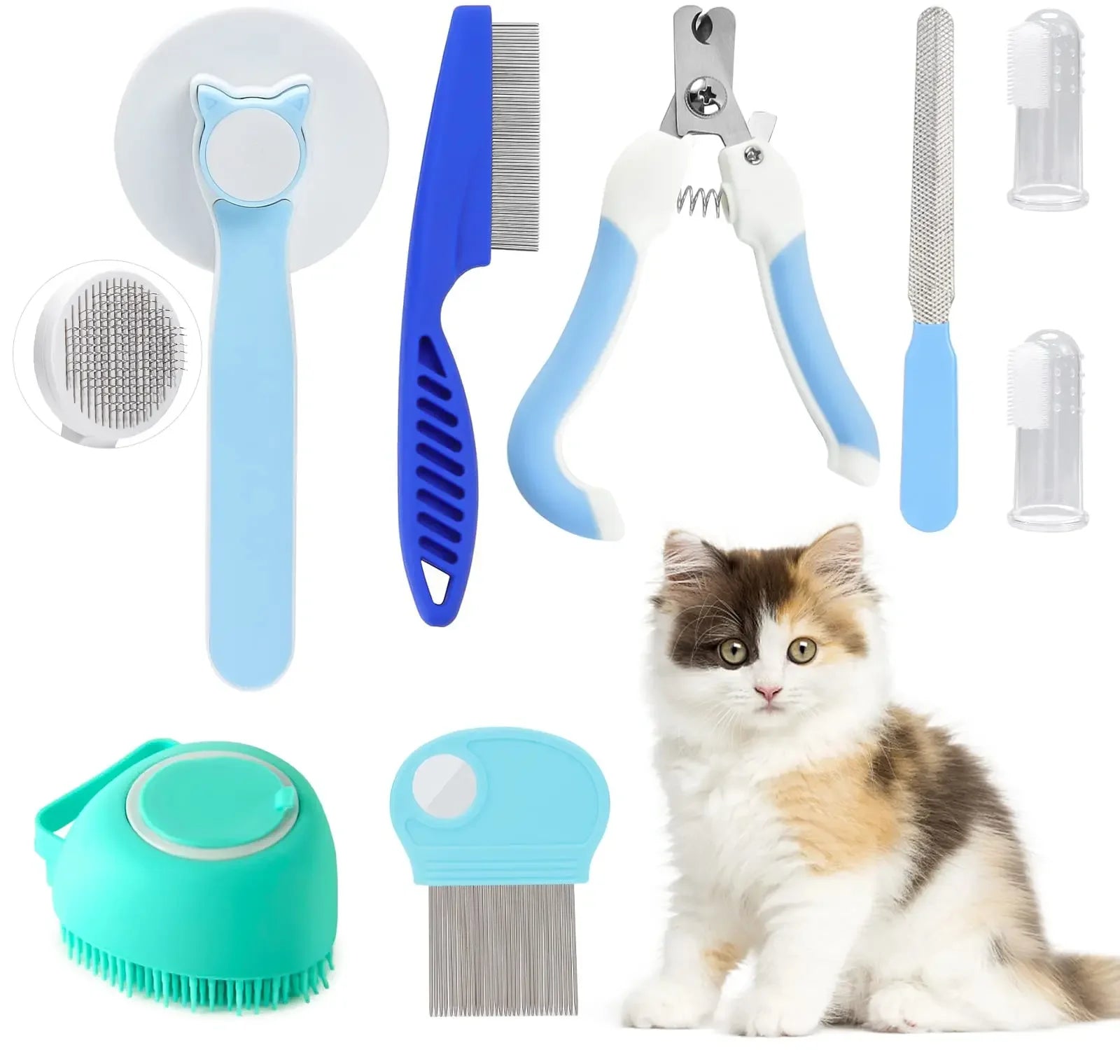 8Pcs Cat Brush Grooming Kit – Flea Comb, Pet Shampoo Bath Brush, Pet Shedding Brush, Silicone Toothbrush for Cats and Dogs