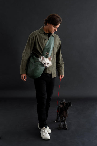 Luxury Dog Sling Carrier for Small Dogs - Adjustable Padded Strap, Vegan Leather, Breathable Plush, 3X Safety Features (Dark Green)