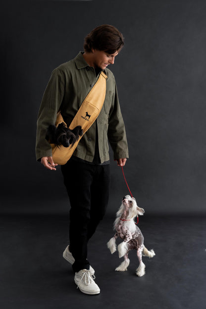Luxury Dog Sling Carrier for Small Dogs - Adjustable Padded Strap, Vegan Leather, Breathable Plush, 3X Safety Features (Beige)