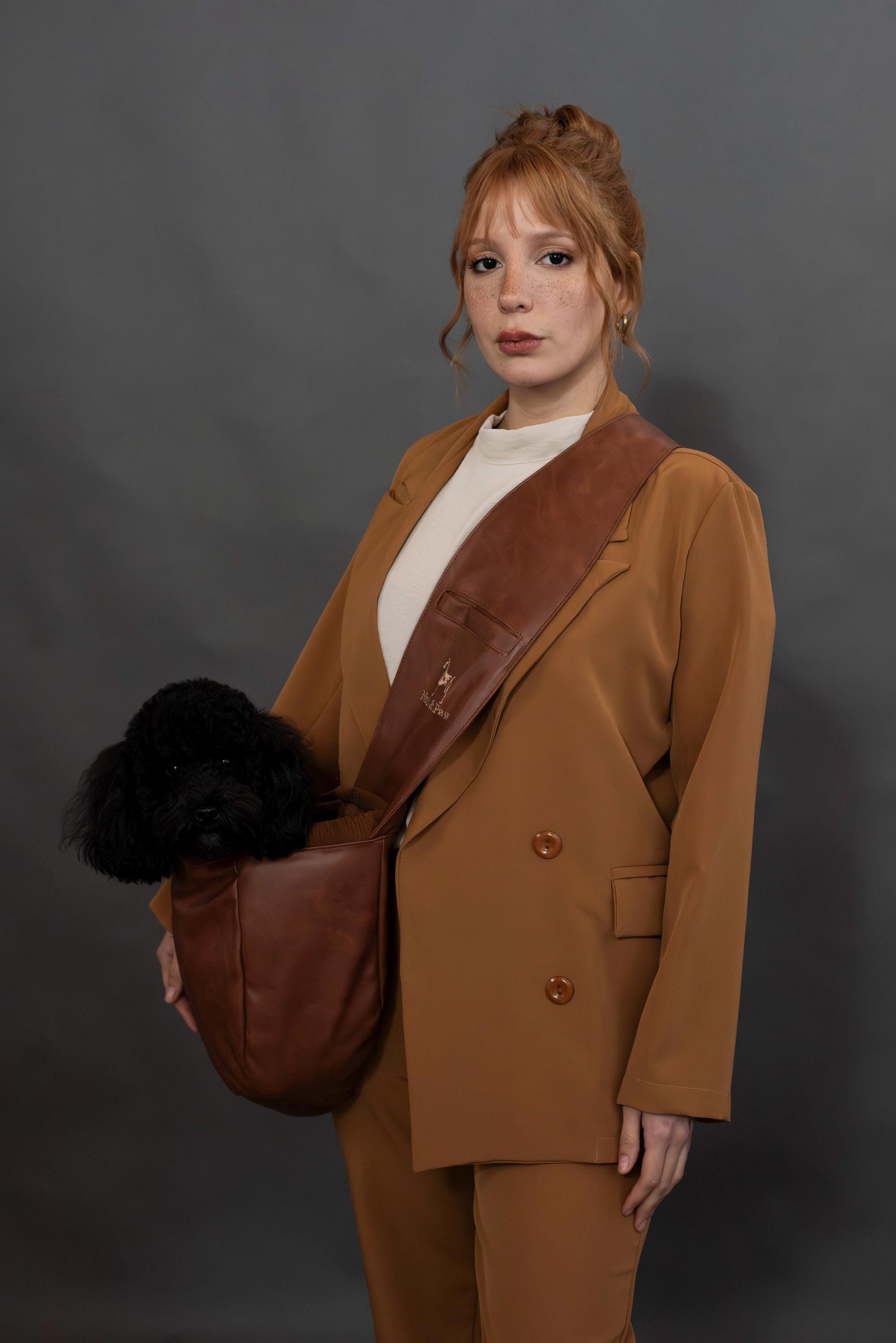 Luxury Dog Sling Carrier for Small Dogs - Adjustable Padded Strap, Vegan Leather, Breathable Plush, 3X Safety Features (Brown)